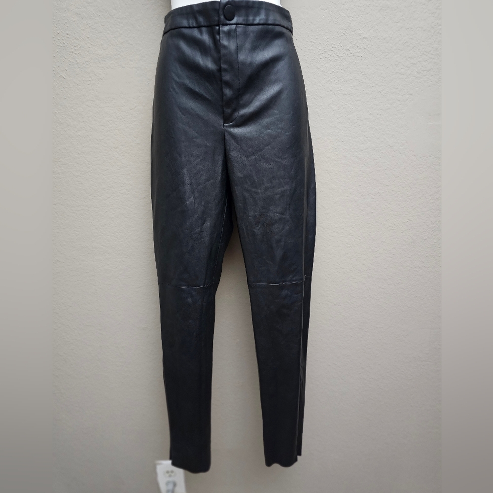Zara Black Faux Leather Zip Leg Pants Sz M Flat Front NO Pockets Straight Leg